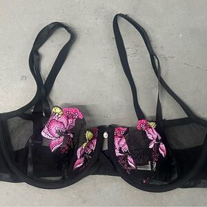 “Adore Me” Black / Pink / Green Embroidered Flower / Sheer  Bra - size 36D NWOT